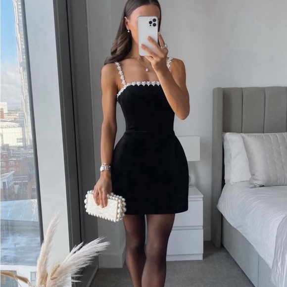Nadine Merabi Em Velvet Black Pearl Mini Dress - Picture 1 of 11